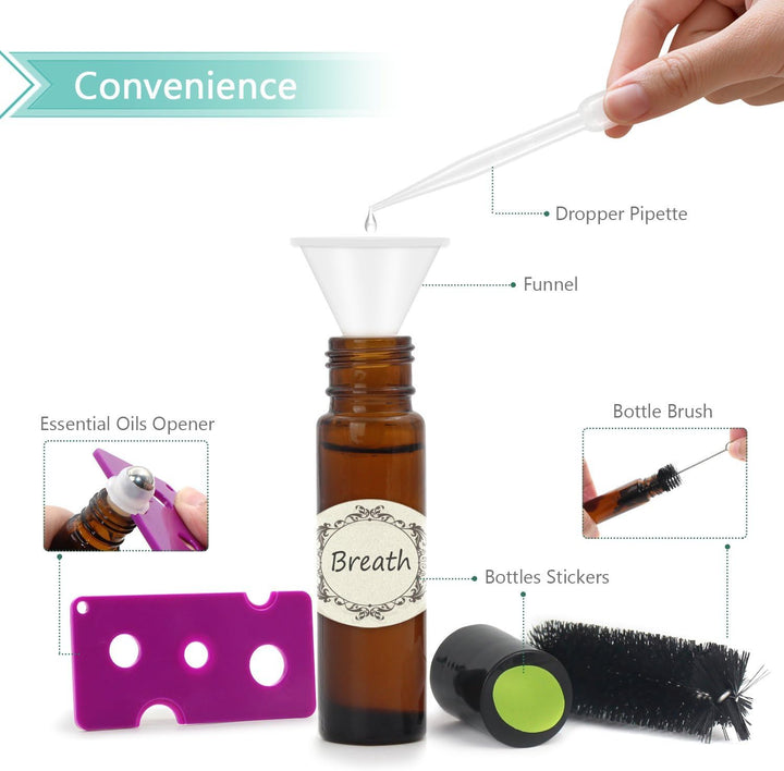 24Pack, 10Ml Roller Bottles for Essential Oils - Amber, Glass with Stainless Steel Roller Balls (3 Extra Roller Balls, 54 Pieces Labels, Opener, Funnel, Dropper, Brush Included)