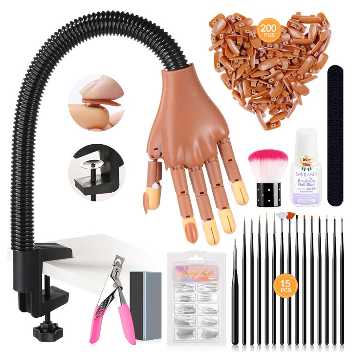 Practice Hand for Acrylic Nails, Flexible Moveable Fake Hands, Manicure Trainng Hand Nail Kit for Beginners, Movable Nail Maniquin Hand with 200PCS Nail Tips, Nail Glues, Brush and Clipper