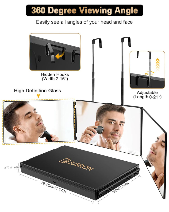 360 Viewing Angle Self Hair Cutting Mirror, Clear Anti-Fog HD Glass (Black without LED without Accessories)