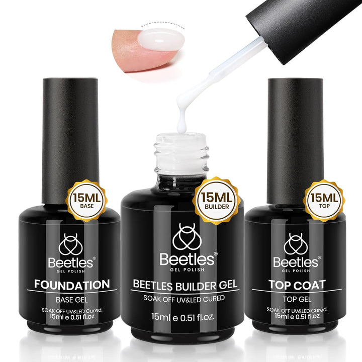 Beetles Top Coat Base Gel & Nail Glue Set-3Pcs No Wipe Top Coat Gel Nail Polish & Base Coat with 9 in 1 Nail Glue Shine Effect Long Lasting Soak off Uv Light Lamp Diy Fall Nail Gifts for Women & Girls