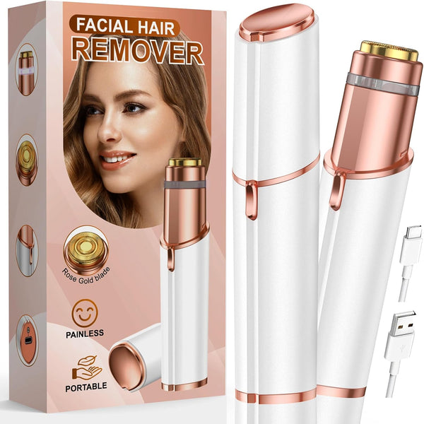 Facial Hair Removal for Women: Painless Rechargeable Face Shaver Electric Hair Remover Device for Peach Fuzz Upper Lip Chin (White)