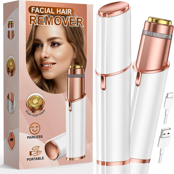 Facial Hair Removal for Women: Painless Rechargeable Face Shaver Electric Hair Remover Device for Peach Fuzz Upper Lip Chin (White)