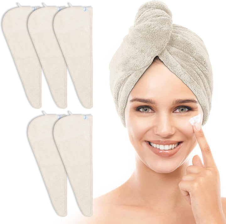 5 Pack Thicken Microfiber Hair Towel Wrap for Women - Elastic Loop Design - 320GSM Coral Velvet - Quick Dry Hair Turban - 11X28 Inch (Grey+Pink+Brown+Frozenblue+Frozenberry)