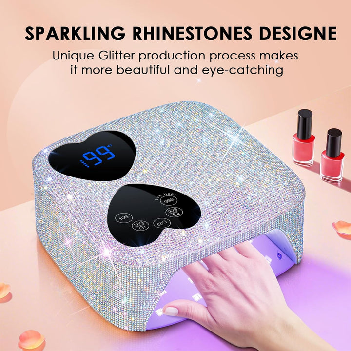 UV LED Nail Lamp Cordless,  80W Rechargeable UV Light for Gel Nails, Professional Gel Light Dryer with 5 Timers & Mirror Base, Sparkling Rhinestones Diamond Curing Lamp for Salon & Home