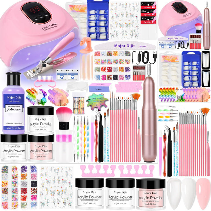 Acrylic Nail Kit Starter Set Acrylic Powder with Nail Drill U V Light Professional Tools with Decoration Everything for Beginners Home Salon Gifts (Clear/White/Nude)