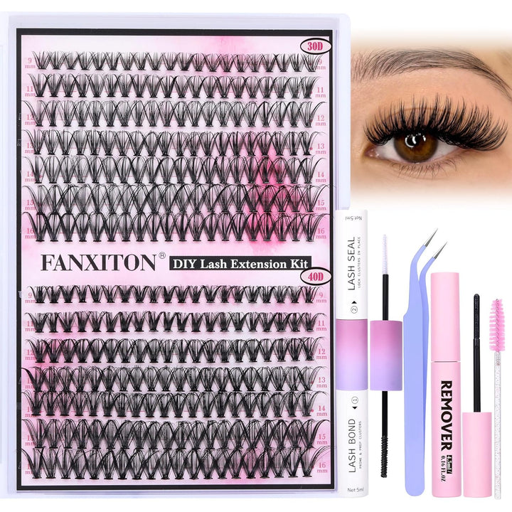 DIY Lash Extension Kit Volume Lash Clusters 40D+50D D Curvature Individual Lashes Lash Clusters Kit Thick Eyelash Extension Kit 280 Pcs Thin Band Cluster Lashes Lash Bond and Seal Tweezers