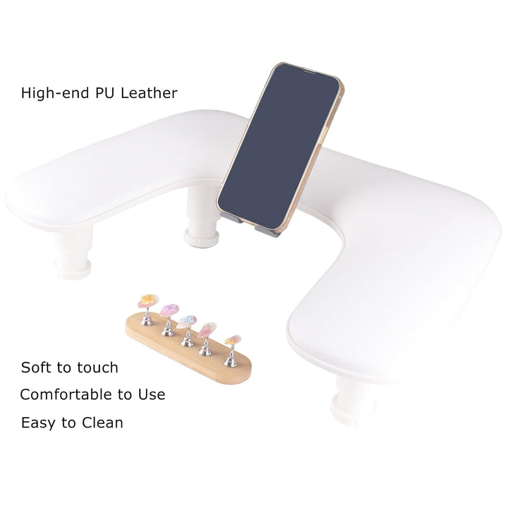 Manicure Arm Rest with Rotating Phone Holder for Nails Tech, U - Shaped Adjustable Nail Hand Rest Stand PU Leather (White)