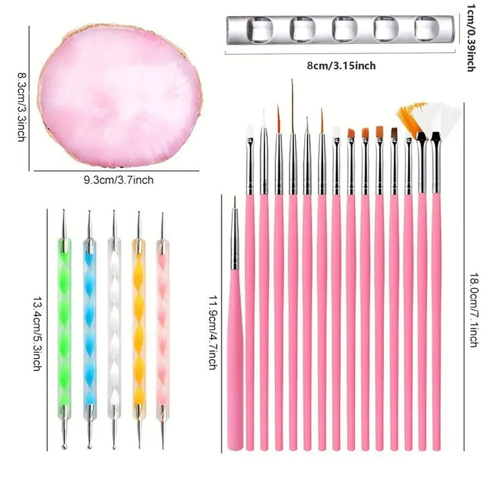 Nail Art Tools 22-Piece Set, Resin Nail Art Palette, 2-Way Acrylic Silicone Engraving Pen Dotting Pen Tools Nail Art Kit for Nail Art DIY Home Salon Makeup Display Board, Pink
