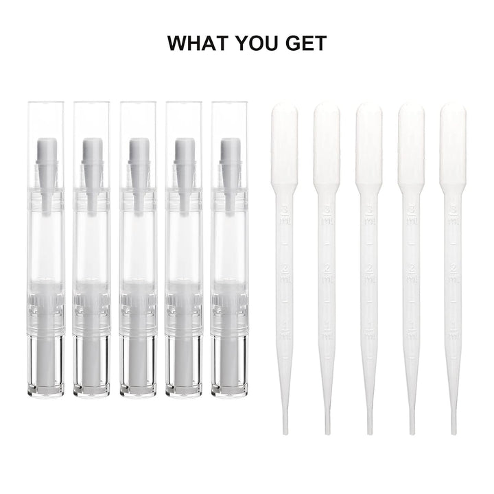 5 Pack 5Ml Transparent Twist Pen for Cuticle Oil Applicator, Empty Nail Oil Pen with Brush Tip, Eyelash Growth Liquid Tube, Cosmetic Lip Gloss Container (5X)