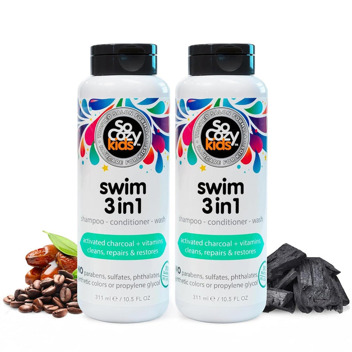 Kids Swim 3-In-1 Shampoo, Conditioner & Body Wash - 3-In-1 Combo Pool Shampoo & Conditioner for Swimmers - Salt & Chlorine Removing Activated Charcoal