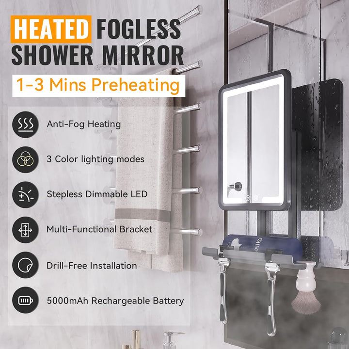 LED Fogless Shower Mirror for Shaving - Heated Fog Free, 3 Dimmable Lights, 360° Adjustable, Rechargeable - with Storage Tray, Razor & Shaving Brush Holders, Gifts for Men