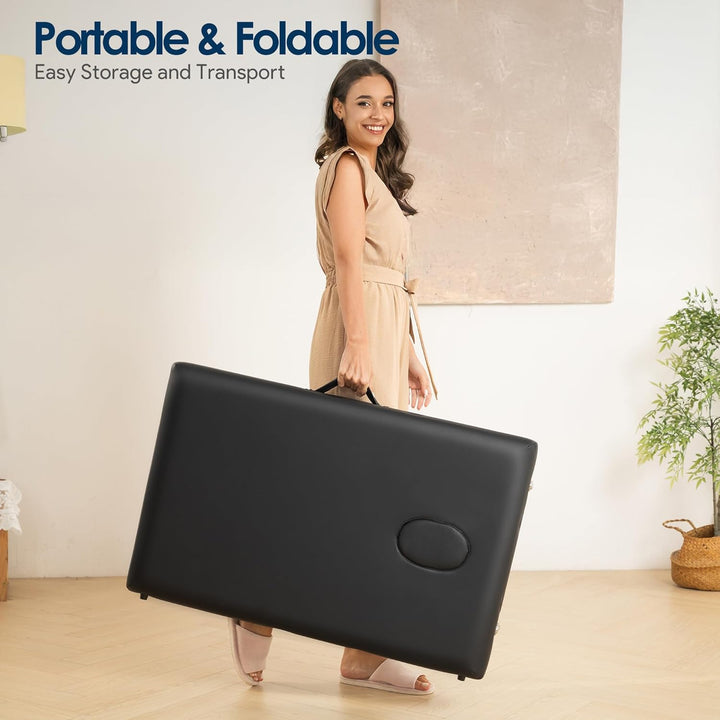 Massage Table Portable Wooden Lash Bed 24" Wide Adjustable Height 2-Fold Spa Table Foldable Tattoo Bed (Black)