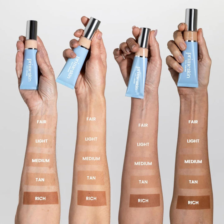 Primeskin CC+ Cream for Mature Women – Lightweight Liquid-To-Powder Foundation – Blurs Pores & Covers Age Spots – Crease-Free, Hydrating & Soft-Matte Finish for Sensitive Skin (Light)