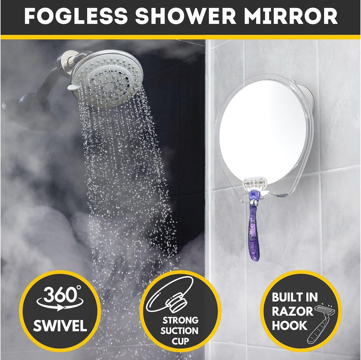 Fogless Shower Mirror with Suction Mount & Swivel – Anti-Fog Acrylic Bathroom Mirror for Shaving – Built-In Razor Holder, Easy Install, Home Shower Accessory (White)