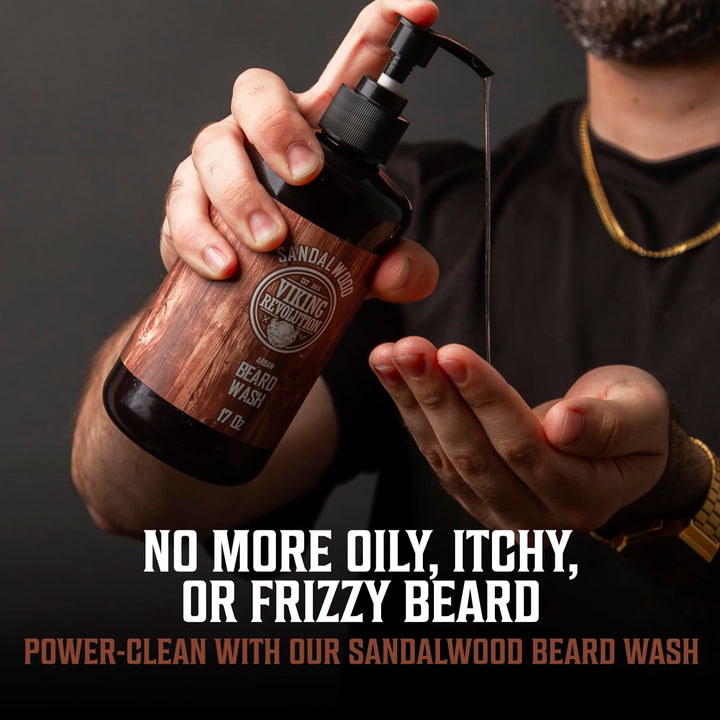Beard Wash & Beard Conditioner Set with Argan & Jojoba Oils - Softens and Strengthens - Natural Sandalwood Scent - Beard Shampoo with Beard Oil (17 Oz)