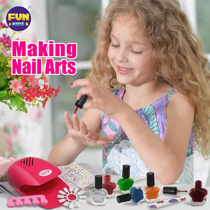 Kid Nail Art Kit for Girls, Funkidz Nail Studio Kits Size 17.91Wx12.4L with Peelable Nail Polish Nail Dryer Teens Makeup Mani Pedi Set Spa Party Gift