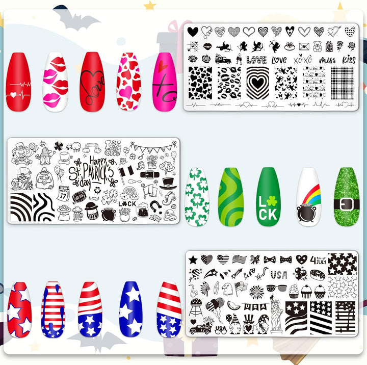 6Pcs All Holiday Nail Art Plates Valentines Stamptemplates Set Winter Christmas Fall Nail Plates Stamping for Xmas DIY Print Manicure Salon Design Gift