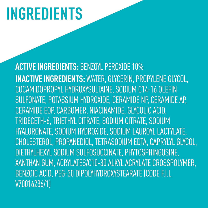 Acne Foaming Cream Wash, Gentle Face and Body Cleanser with Benzoyl Peroxide 10%, Hyaluronic Acid, and Niacinamide, 10% Benzoyl Peroxide Treatment Clears Pimples and Blackheads 5 Oz