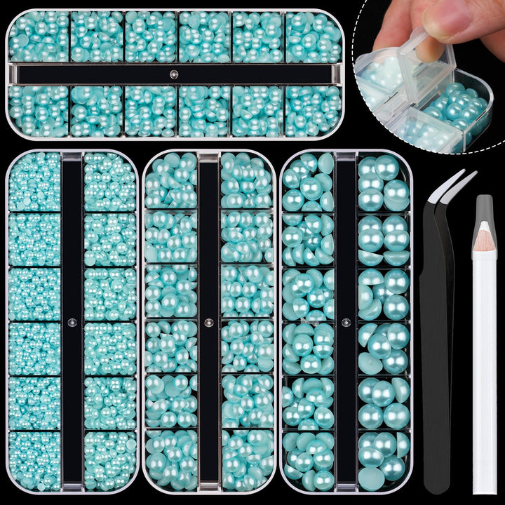 Nail Art Flat Back Half round Pearl Kits 3, Mixed Sizes 6000 Pcs White Small Pearls for Nails with Picking Tools for Graduation Cap Decorations Home DIY Body Face Craft Salon Use