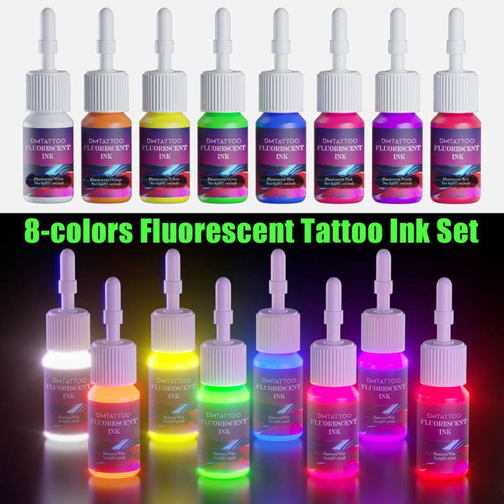 8Color Fluorescent Tattoo Ink Set, 8Pcs Tattoo Ink Color Set,Glow in the Blacklight, Skin-Safe Permanent Tattooing for 3D Makeup Beauty Skin Body Art, 0.17Fl Oz 5Ml/Bottle