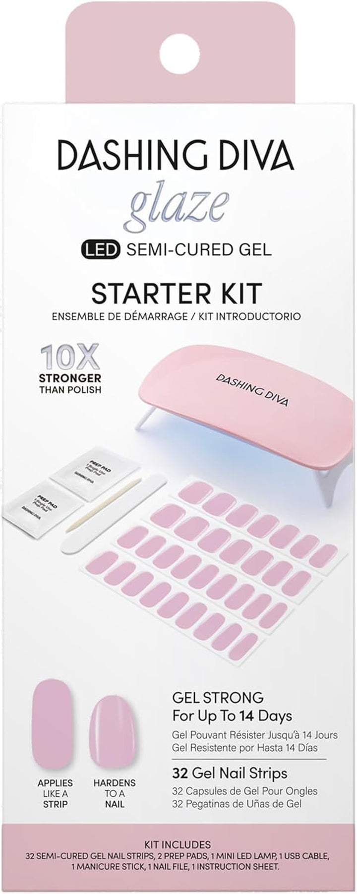 Glaze Nail Starter Kit - Real Black - Long Lasting, Chip Resistant, Semi-Cured Gel Nail Strips - 7-Piece Manicure Set with 32 Strips and Mini LED Lamp