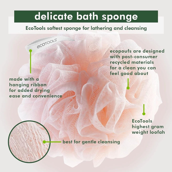 Delicate Ecopouf 4 Pack, Loofah Sponge for Bath & Shower, Recycled Netting, Gentle Exfoliation, Pouf for Body Wash, Eco-Friendly Bath Accessory, Cruelty-Free, Color May Vary, (60G Each)