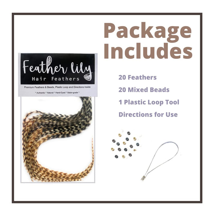 Natural Hair Feathers, Real Long Feather Hair Extensions with Bead Loop Kit, 20 Long Thin Tie Dye Ginger Brown and Black and White Grizzly Striped Ombre Bayalage Plumes