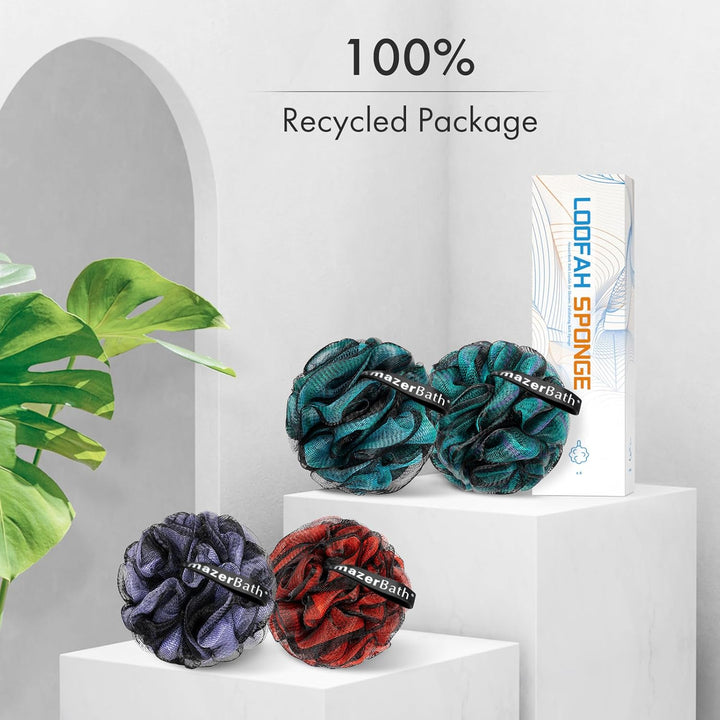Charcoal Loofah Sponge, Shower Loofah 60G/Pcs - Body Scrubber Loofa Set of 4 - Charcoal Blue, Green, Purple & Red, Bath Sponge for Men and Women