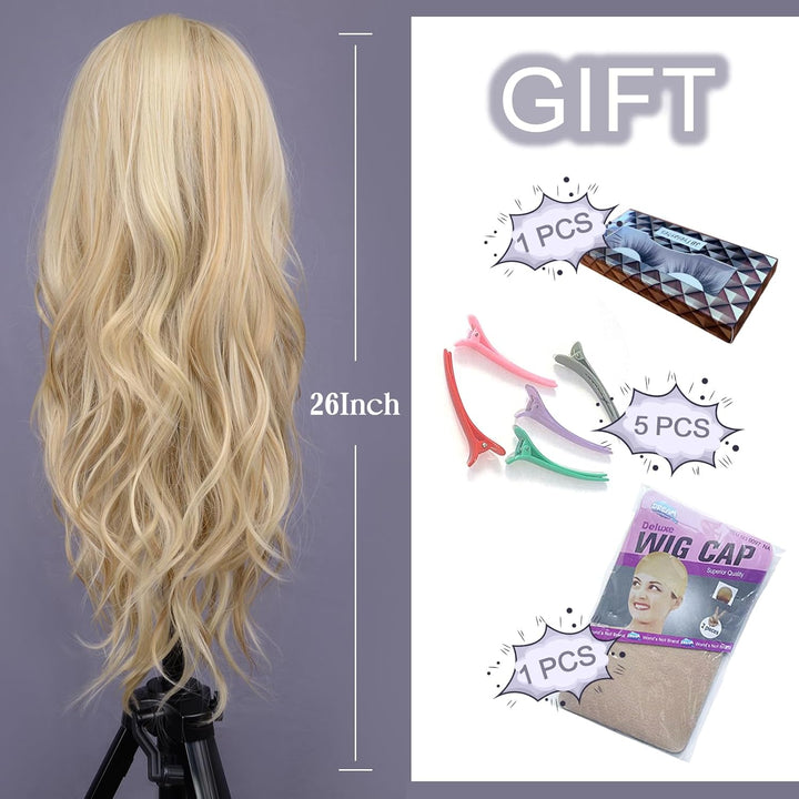 Mixed Blonde Long Wave Wig for Women -26Inch Middle Part Long Curly Wig Heat Resistant Synthetic Hair Looking Natural, Fiber Wig for Daily Party Use