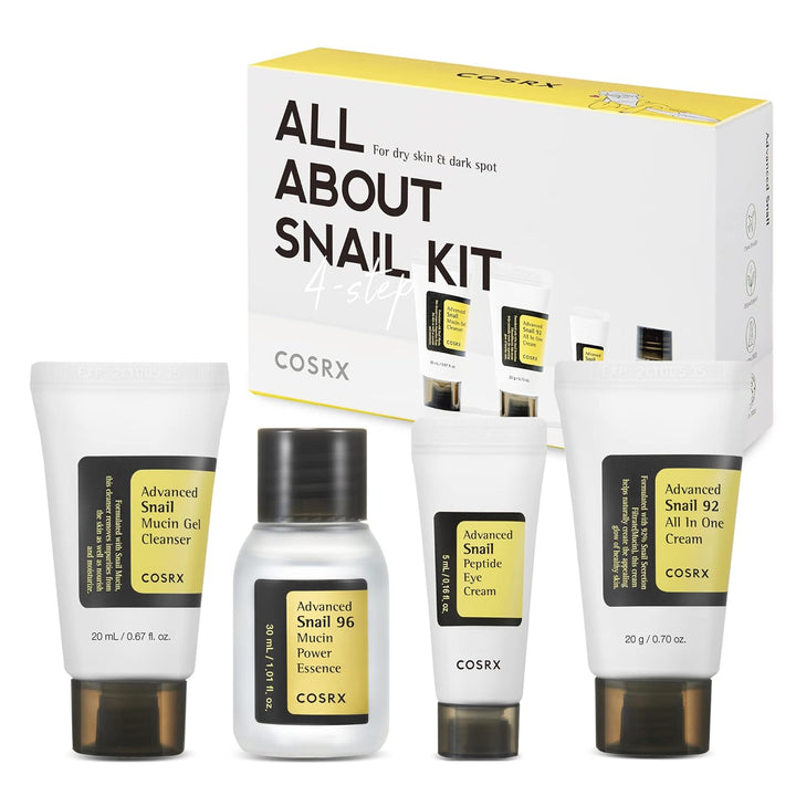 All about Snail Mucin Korean Skin Care Set, Mini Travel Essentials, Travel Size Gift Set with Snail Mucin Face Wash, Serum, Moisturizer & Eye Cream, Rejuvenating Kit
