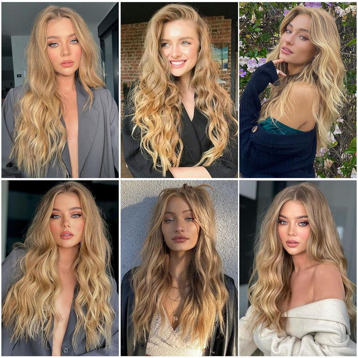 Mixed Blonde Long Wave Wig for Women -26Inch Middle Part Long Curly Wig Heat Resistant Synthetic Hair Looking Natural, Fiber Wig for Daily Party Use