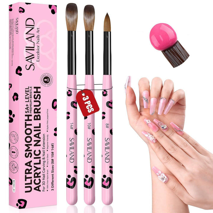 3Pcs Acrylic Nail Brush Set, Size 8/10/14 Kolinsky Acrylic Nail Brushes for Acrylics Application, Acrylics Powder Nails Art Extension with Black & White Handle for Beginner & Professional