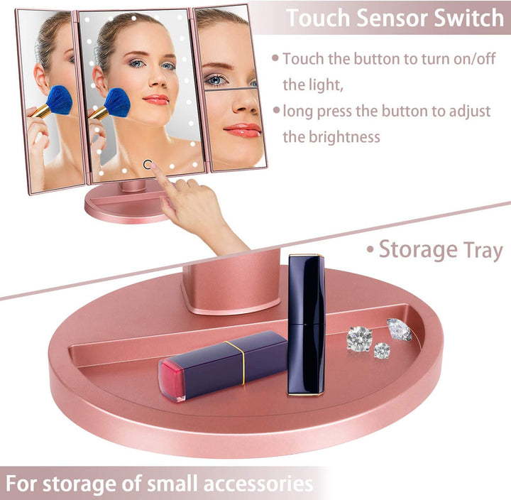 Dresser Mount Tri-Fold Lighted Vanity Mirror with 21 LED Lights, Touch Screen and 3X/2X/1X Magnification, Two Power Supply Modes Make up Mirror,Travel Mirror