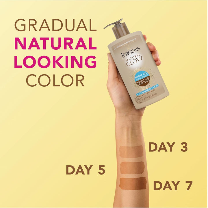 Natural Glow Hydra Gel Moisturizer, Hyaluronic Acid Tanning Lotion, Hydrating Tanning Gel, Fragrance-Free Self Tanner, Medium to Deep Skin Tones 8.3 Oz