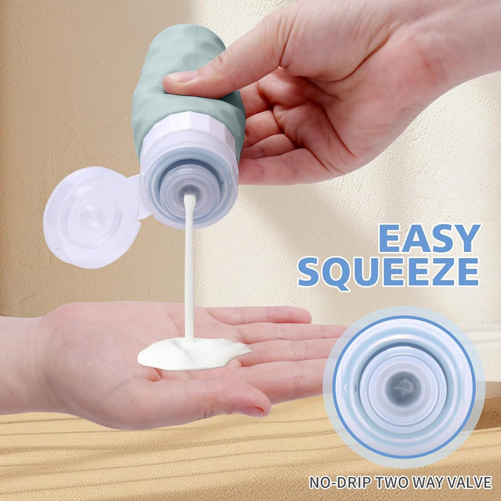 Travel Bottles for Toiletries, 4Pcs Tsa Approved 3Oz Travel Size Containers, BPA Free Leak Proof Premium Silicone Bottles, Refillable Liquid Squeezable Accessories W/Toiletry Bag