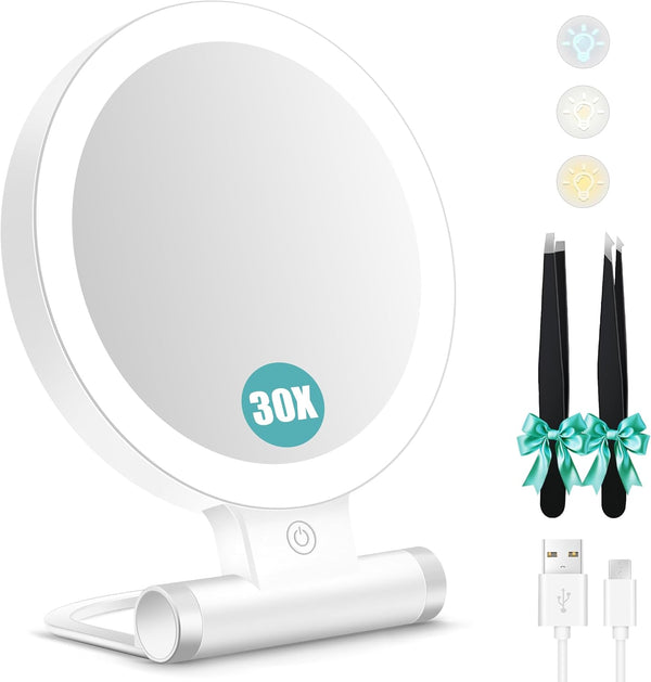 Magnifying Mirror with Light 30X, Double-Sided 1X/ 30X Magnifying Makeup Mirror with Tweezer, 2000Mah 3 Colour Modes with Adjustable Brightness,Foldable Travel Mirror(9" L X 7" W)