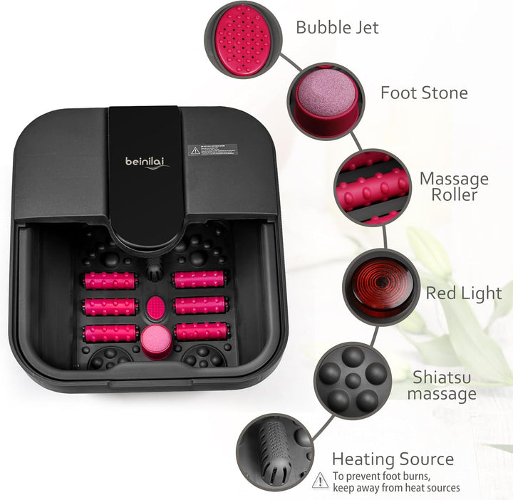 Collapsible Foot Spa,Foot Bath with Heat and Massage and Bubble Jets,Foot Soak Tub with Six Non Motorized Rollers,Acupressure Massage Points,Red Light and Removable Pumice Stone