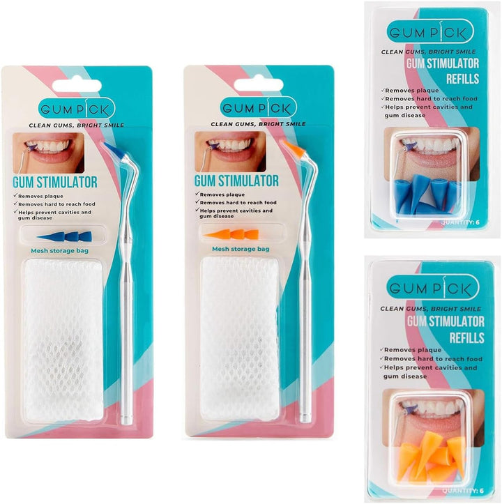 Gum Stimulator with Rubber Tip Refills - Premium Aluminum Handle - Effectively Remove Plaque & Prevent Gingivitis (12 Normal Tips Included) - 2 Pack (Blue and Orange)