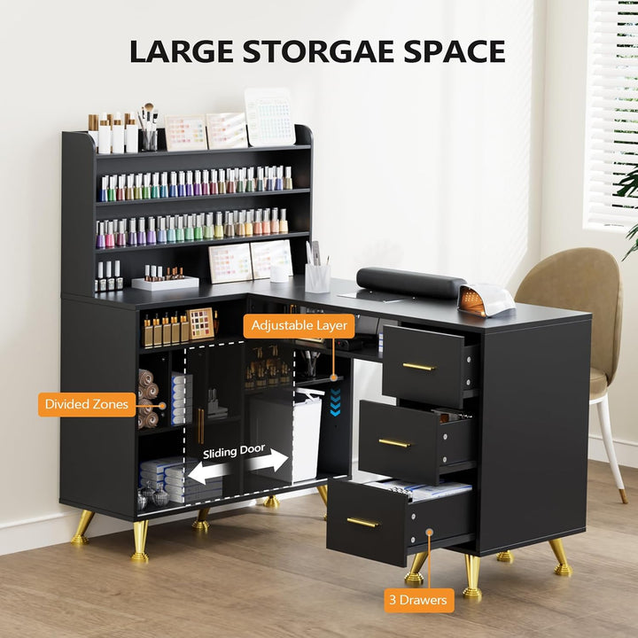 L Shaped Manicure Table with Dust Collector, 52" L Corner Nail Desk for Nail Techs, W/Polish Display Rack Arm Rest, Acetone Resistant Top, Drawer and Cabinet Storage, for Nail Salon (Black)