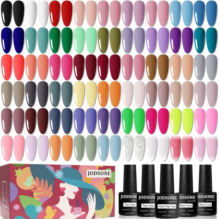 60 PCS Gel Nail Polish Set with 5 Bottles of Base and Glossy Matte Top Coat Soak off Gel Nail Set Suitable for All Seasons Gifts