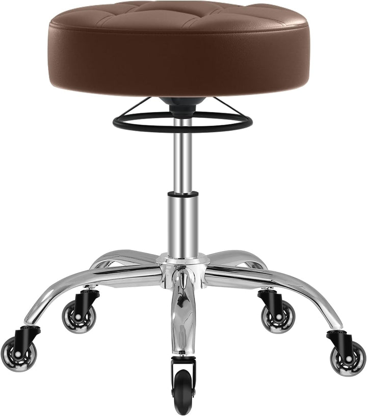 Heavy Duty 400Lb Rolling Stool: Super Soft Leather Seat Cushion, 360 Swivel, Height Adjustable, No Squeak, No Tip Over, Salon & Spa Stool (Black)