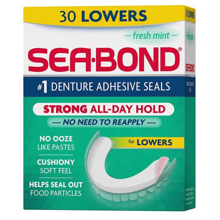 Secure Denture Adhesive Seals, Fresh Mint Uppers, Zinc-Free, All-Day-Hold, Mess-Free, 30 Count (Pack of 1)