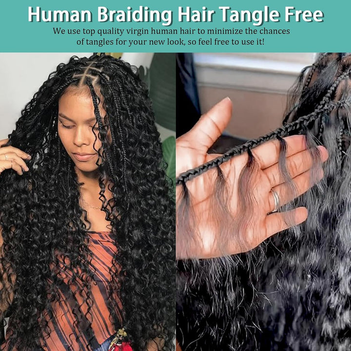 Human Braiding Hair for Boho Braids Human 110G 20 Inch Curly Boho Hair for Braiding Knotless 12A Deep Wave Bulk Bohemian 3 Bundles/Pack Natural Color