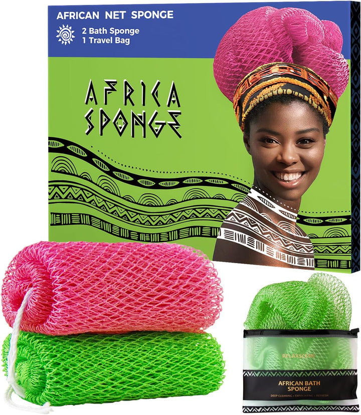 African Net Sponge Authentic - 2 Pieces Loofah Exfoliating Body Scrubber Bath Sponge - Back Scrubber Washcloth for Shower - Real African Scrub Exfoliator Body Care Bathing Accessories for Women