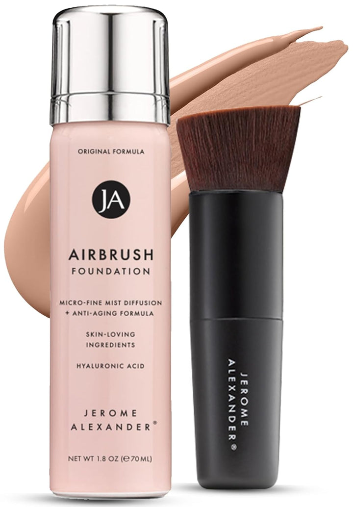 Magicminerals Airbrush Foundation – 2 Piece Set with Airbrush Foundation and Kabuki Brush - Spray Makeup with Anti-Aging Ingredients for Smooth Radiant Skin - Light Medium