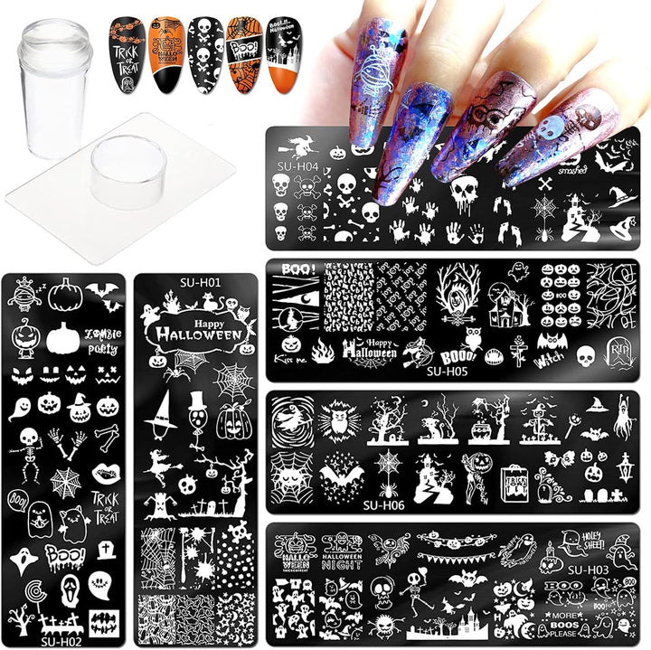 Halloween Nail Stamper Kit 6 Pcs Nail Plates +1 Nail Stamper + 1 Nail Scraper Horror Skull Spider Ghost Bat Nail Art Design Template Nail Stencils Plates Nail Supplies Tools Nail 8Pcs Set