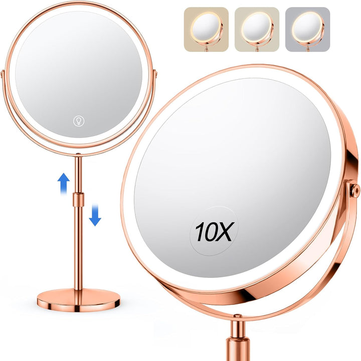 Lighted Makeup Mirror, Rechargeable Height Adjustable Double Sided, 1X/10X Magnifying with 3 Color, Brightness Adjustable, 360° Rotation Vanity, Gift for Women