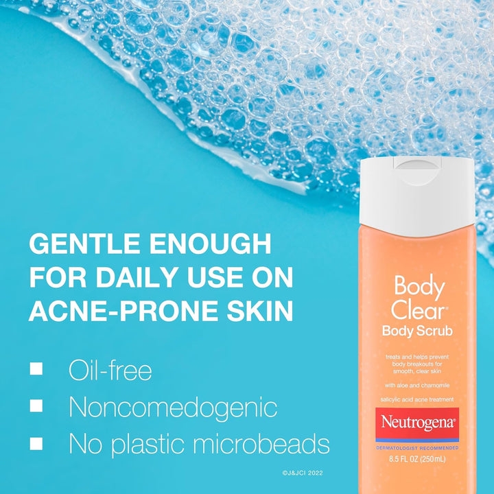 Body Clear Acne Body Scrub, Exfoliating Non-Comedogenic Cleanser, Salicylic Acid 2% Daily Wash Acne Medicine Treatment for Back, Chest & Shoulders, Microbead-Free, 8.5 Fl Oz