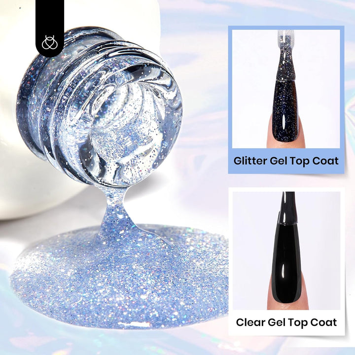 Glitter Top Coat Gel Polish 15Ml Reflective Silver Mix Glitter Shiny Gel Nail Polish No Wipe Uv Gel Top Coat Nail Decoration Nail Art Sparkle Manicure DIY Home Salon