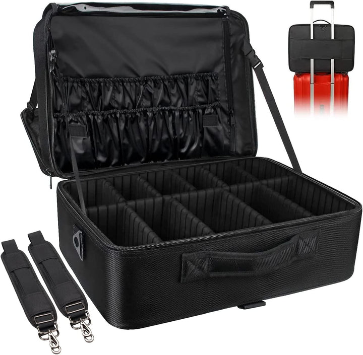 Travel Makeup Train Case Makeup Cosmetic Case Organizer Portable Artist Storage Bag with Adjustable Dividers for Cosmetics Makeup Brushes Toiletry Jewelry Digital Accessories Black